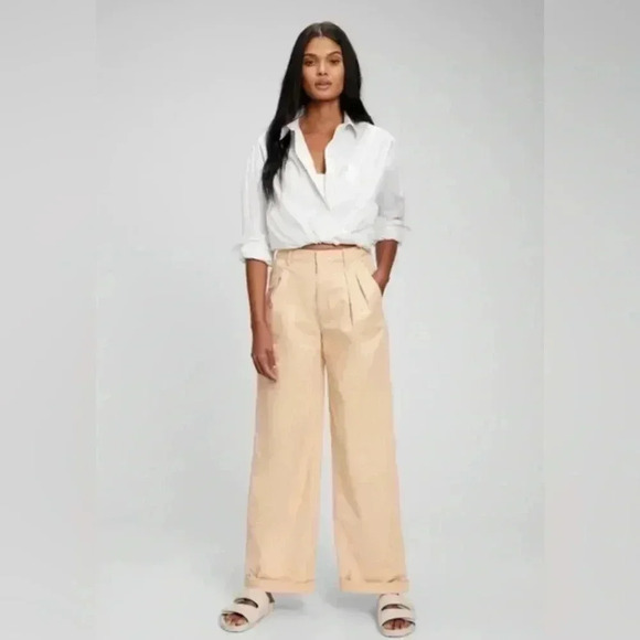 Gap high rise pleated wide leg khaki pants trouser pockets front and back 🩷 - Picture 1 of 12